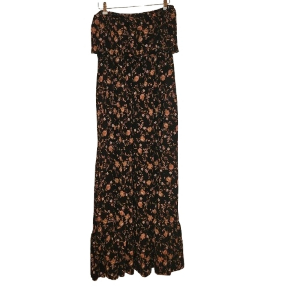 Justify Off Shoulder Black/Tan/Pink Floral Maxi Dress Size L Elastic Neck/Ruffle - Picture 2 of 6